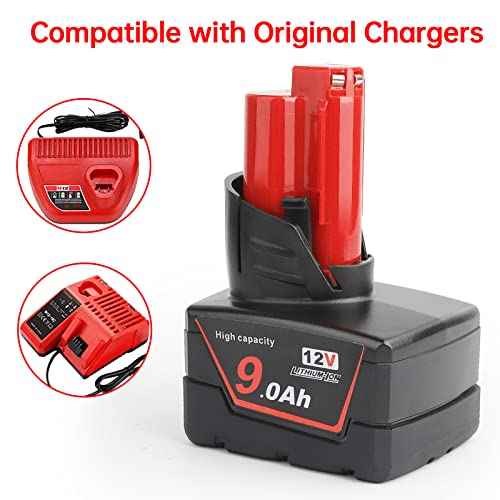 2Pces 12V 9Ah Battery Replacement Compatible for Milwaukee 48-11-0490, 48-11-2402, 48-11-2411, 48-11-2430, Cordless Power Tools & Heated Jackets with LED Indicator£¨Not Made in Milwaukee£©