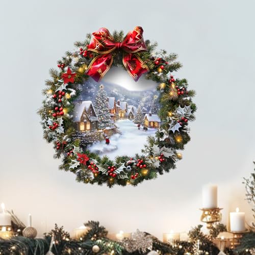 Christmas Wreath Wall Decals with Ribbon Peel and Stick Christmas Mural Art Stickers for Christmas Party Home Kitchen Decor (A)