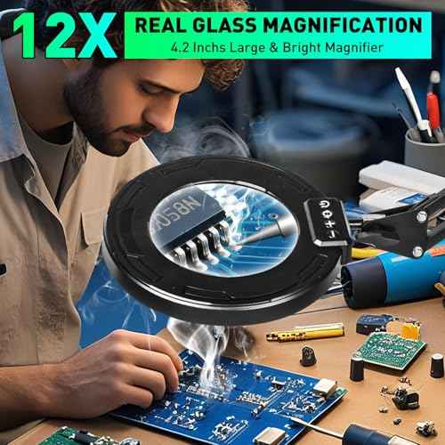 12X Magnifying Glass with Light and Clamp, Ultra Long 3-Section Arm LED Lighted Desk Magnifier, Helping Hand Solder Station, 5 Color Stepless Dimming, 4-Way Large Clip for Craft Workbench Repair