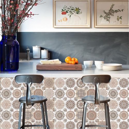 24PCS Mandala Tile Stickers Set, Peel and Stick Wall Tile Wall Decor for Home Bathroom Kitchen,Wall Sticker Backsplash Waterproof PVC Decoration Stickers, 4x4 Inch (Brown)