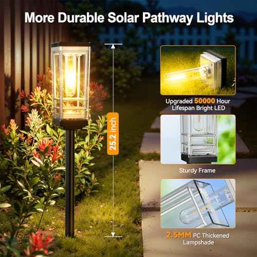 8 Pack Solar Lights Outdoor, Up to 15 Hrs Brighter Solar Pathway Lights, Luxury Taller Solar Outdoor Light Waterproof for Path Garden Yard Landscape Walkway Driveway, Warm White