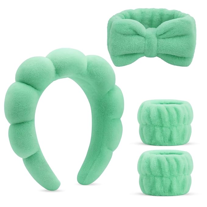 Spa Headbands for Washing Face, Makeup and Skincare. 4 Pc Set of Skin Care Head band with Wristbands. Puffy Terry Cloth, Non Slip Get Ready Hairband for Women, Teens, Girls. Cute Hair Accessories.
