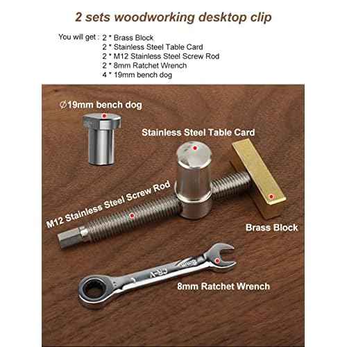 2PCS 3/4 Inch Bench Dog Clamps, Woodworking Clamps with 4 Bench Dogs, CNC Precision Machining Bench Dog with 2 Ratchet Wrenches, Low Profile Design and Easy to Use for Woodworking Silver