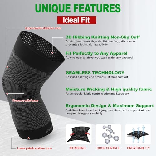 KEKING Orthopedic Brace for Tendinitis, Arthritis, ACL, MCL, Injury Recovery, Meniscus Tear, Knee Pain, Aching Knees, Patellar Tendonitis and Arthritis, Knee Compression Sleeves 2 Pack, Black L