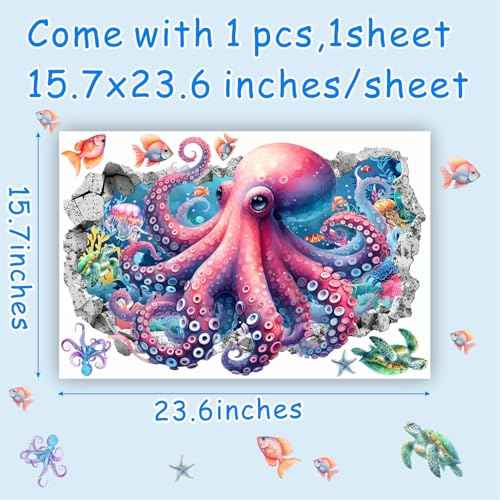 Octopus 3D Ocean Animal Wall Stickers - Sea Life Wall Decals for Kids Room & Bedroom Decor
