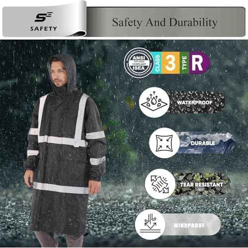 sesafety Safety Rain Coats for Men Work, Class 3 HighVisibility Rain Gear Construction, Reflective Hi Vis RainJacket Lightweight Waterproof