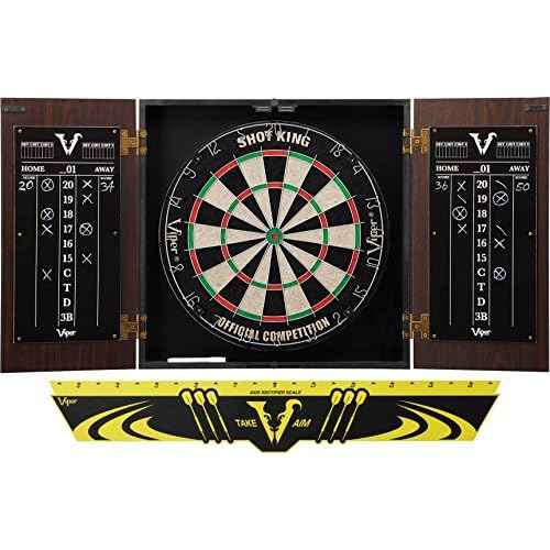 Viper Stadium Cabinet & Shot King Sisal/Bristle Dartboard Ready-to-Play Bundle with Two Sets of Steel-Tip Darts, Throw Line, and Dry Erase Scoreboards, Walnut Finish