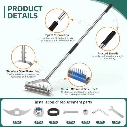 Thatch Rakes for Lawns,14.2-Inch Thatching Rake,304 Stainless Steel Dethatcher Rake with Adjustable Handle and 2 Extra Replaceable Blades,Heavy Duty Rakes for Cleaning Dead Grass and Loosening Soil