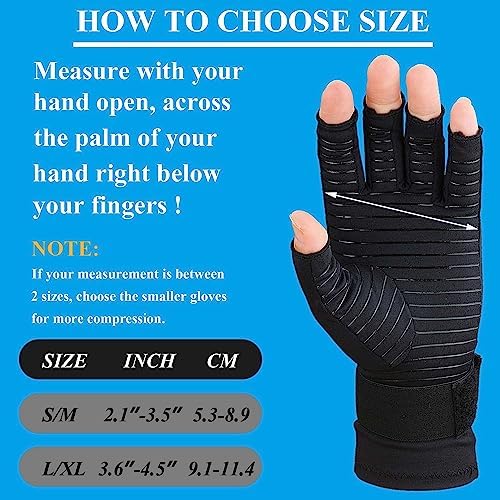 2 Pairs Copper Arthritis Gloves for Women Men, Fingerless Compression Gloves Relieve Hand Pain, Typing Gloves for Arthritis, Carpal Tunnel, Tendonitis, RSI with Adjustable Wrist Strap (Large/X-Large)