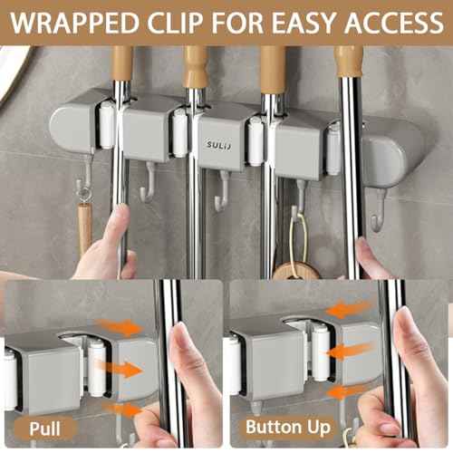 3PCS Broom Mop Holder with Hooks Wall Mounted Broom Storage Rack No Drilling Self-Adhesive Mop Broom Organizer Mop Holder Hanger for Bathroom Office Kitchen Closet Garage,Grey (3)