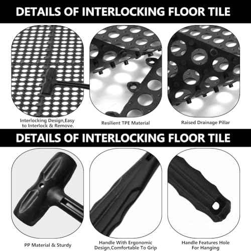 30 Pack Drainage Interlocking Tiles, 12¡±x12¡± Modular Interlocking Floor Tiles with 1 Pc Plastic Hammer Non Slip Rubber Floor mat with Holes for Pool Bathroom Deck Kitchen Patio