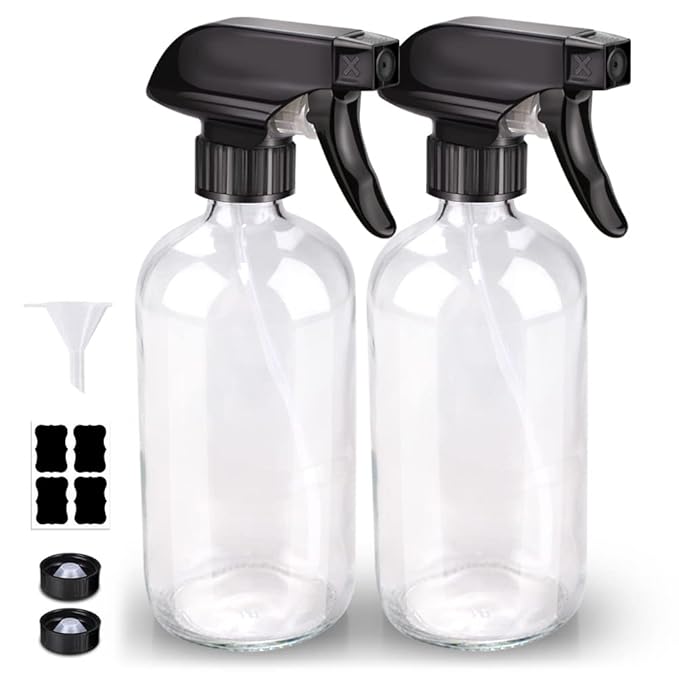Bontip Glass Spray Bottle, Clear Glass Spray Bottle Set & Accessories Refillable for Plants Window Cleaners Aromatherapy Facial Hydration Watering Flowers Hair Care (2 Pack/16 oz) (Transparent)