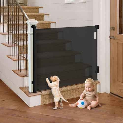 Retractable Baby Gate for Stairs, 55" Wide Mesh Pet Gate, Automatic Tension, One-Hand Operation, 38" Tall Baby Gates for Doorways, Hallways, Deck, Indoor Outdoor, Safe, Easy to Fit, Black
