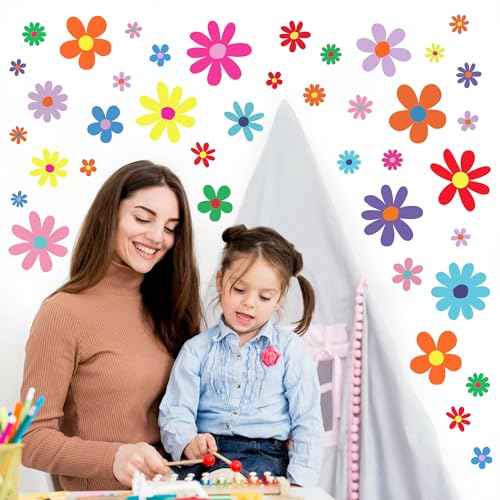 12 Sheets Daisy Wall Decals Boho Flower Wall Stickers Cute Kids Girls Room Decor Peel and Stick Floral Decals Toddler Nursery Playroom Living Room Bedroom Classroom Retro Hippie Decor Bright Style