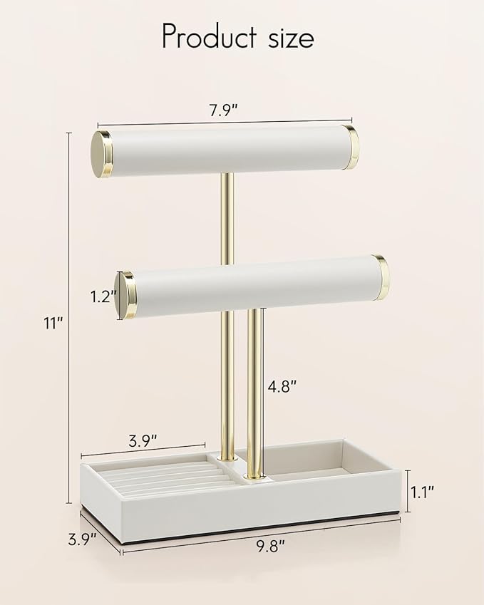 VLANDO 2 Tier Bracelet Holder with Tray - Leather Jewelry Stand Organizer for Women - Necklace Holder Display for Necklace, Watches, Rings, Earrings, Bangle, Scrunchie - White