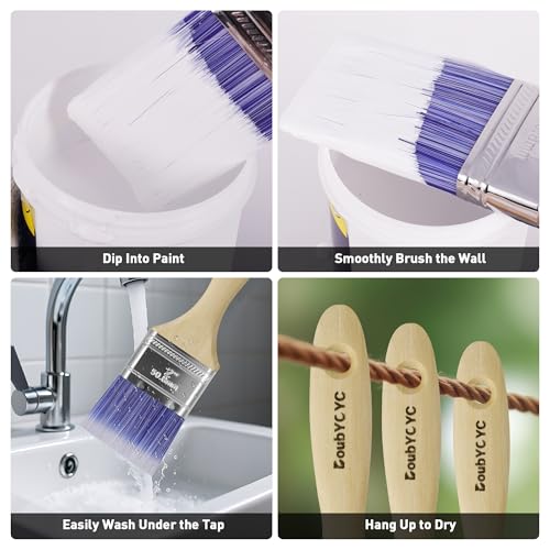 Paint Brushes - 6 Pack, 2" Flat Brushes, Paint Brush Set, Wood Paint Brushes for Walls, Stain & All Oil Paints - Home Improvement - Interior & Exterior Use