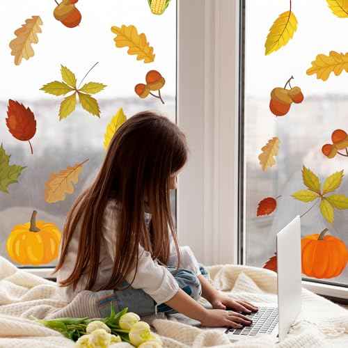Autumnal leaves Window Decal,Autumn Theme Vinyl Window Sticker,Removable Autumn decor For Children'S Room, Classroom, And Daycare Centers Fall Thanksgiving Party Supplies (Pumpkin-Themed Window Decal)