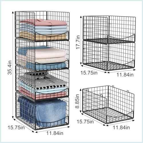 JKsmart 4-Tier Stackable Closet Organizers and Clothes Storage Shelves - Clothes Storage Bins for Jeans, Pants, and Sweaters - Wardrobe Cupboard Organizer for Closet Organization-Black