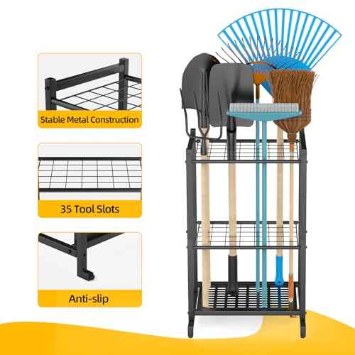 Garden Tool Organizer for Garage£¬Garden Tool Storage Rack with Wheels£¬Yard Tool Holder for Garage, Shed, Outdoor, Tool Stand