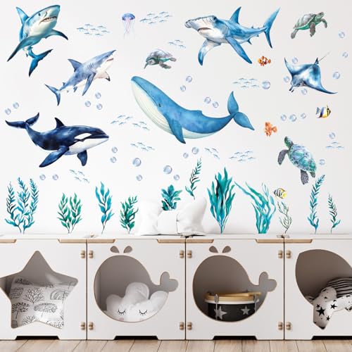 SHUCHING Removable Shark Wall Decals Peel and Stick, Vinyl Ocean Wall Sticker, Under The Sea Wall Decor Art for Nursery Playroom