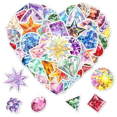 Pack 50 Pcs Cute Crystal Diamond Gemstone Stickers for Water Bottles Laptop Luggage Computer Scrapbooking Kids Teens Girls Adults Aesthetic Waterproof Sticker Small Vinyl Decals