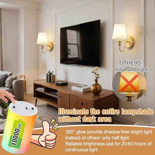 Battery Operated Wall Sconce Set of 2,Wireless Wall Sconces with 10000 mAh,RGB Rechargeable Sconces with Remote,Cordless Wall Lights for Bedroom,Living Room,Bathroom,Renter Friendly Home Decor (Gold)