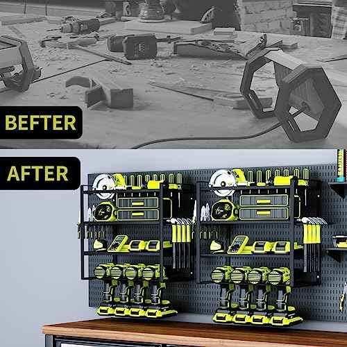 KAFAHOM Power Tool Organizer,4 Layer Drill Holders Wall Mount,Heavy Duty Metal Organizers and Storage Rack for Garage Organization,Tools Shelves with Screwdriver Plier/Hammer Holder, Black