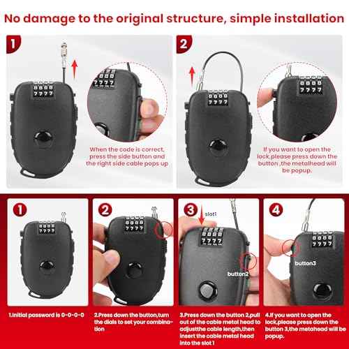 2 Pack 4-Digit Combination Lock with 27.5 Inch Quickly Retractable Steel Cables - Keyless Security for Bike, Helmet, Ski, Snowboard, Stroller, Luggage, Door, Gate, Fences, Backpack & More