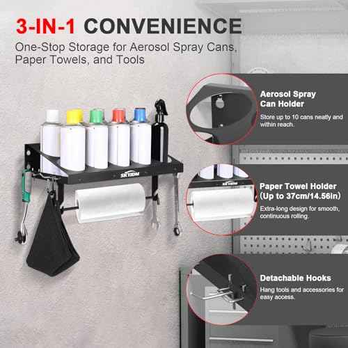 10 Aerosol Spray Can Holder with Paper Towel Holder & 4 Detachable Hooks, Space-Saving Tool Organizer Wall Mount for Garage, Workspace and Tool Room