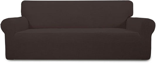 Easy-Going Stretch 4 Seater Sofa Slipcover 1-Piece Sofa Cover Furniture Protector Couch Soft with Elastic Bottom for Kids, Polyester Spandex Jacquard Fabric Small Checks Chocolate