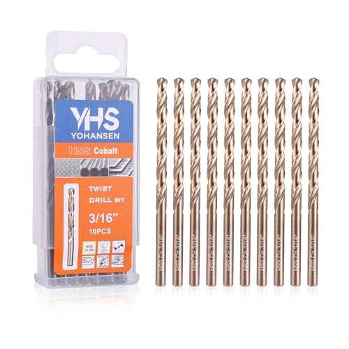 3/16 Inch Cobalt Drill Bits (10pcs), M35 High Speed Steel, 135 Degree Tip, Jobber Length Twist Drill Bit Set for Hard Metal, Stainless Steel, Cast Iron, Wood and Plastic, with Storage Case