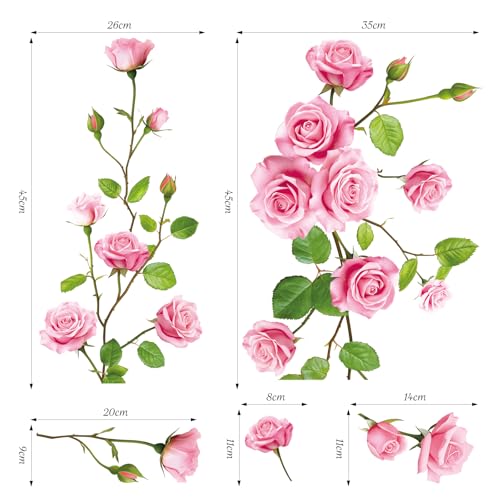 SHUCHING Pink Rose Wall Stickers Peel and Stick, Flower Wall Decals, Vinyl Art for Girl Bedroom Living Room Sofa Backdrop TV Wall Decor