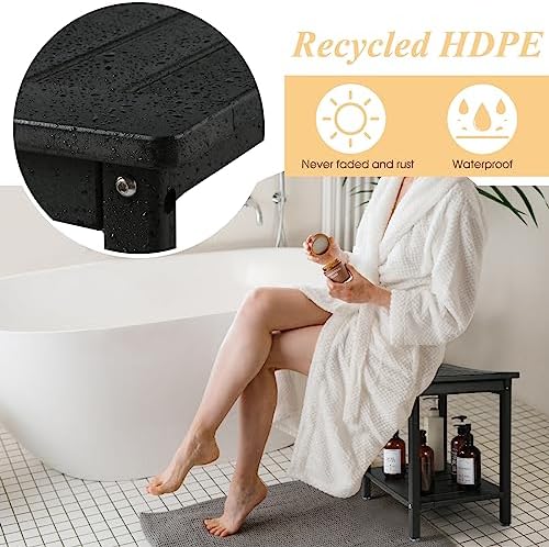 HDPE Shower Bench, Shower Stool with Storage Shelf 2-Tier Spa Stool for Inside Shower,Water Resistant & Non-Slip Design Shower Seat (Black L Size)