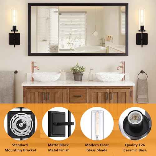 Wall Sconces Set of Two, Matte Black Bathroom Sconces Wall Lighting with Clear Glass, Modern Sconces Wall Decor Set of 2 Hardwired Vanity Light fixtures for Mirror Living Room Hallway Bedroom