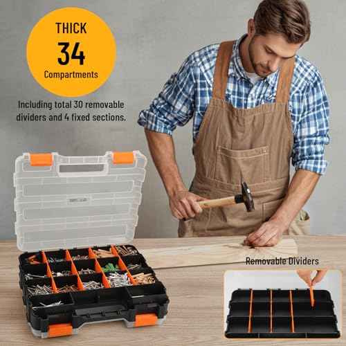 Mini Tool Box Organizer, Plastic Small Tool Box with Dividers, Double Side Bead Organizer, 34-Compartments Hardware Screw Organizers, Parts Tool Organizers Storage