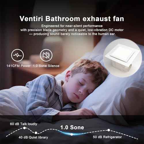Bathroom Exhaust Fan with Light, 12 INCH, Upgraded Quiet Square Vent Fans with LED Light, 141 CFM, for Bathroom, Office, Home