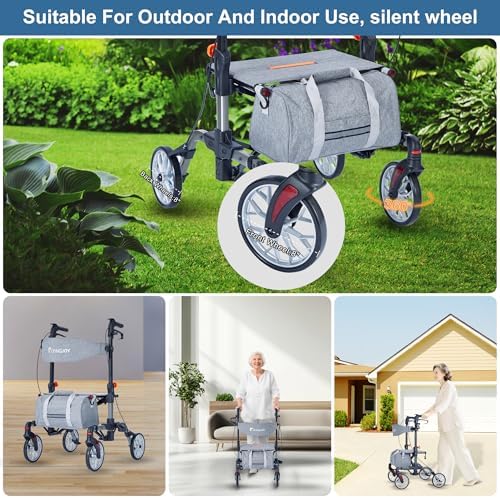 Lightweight Rollator Walker All-Terrain Ultra Compact One-Click Folding with seat and Adjustable Height backrest, 300 lbs Capacity, 8" Wheels for Seniors, Adults, bariatric, Includes Cane Holders