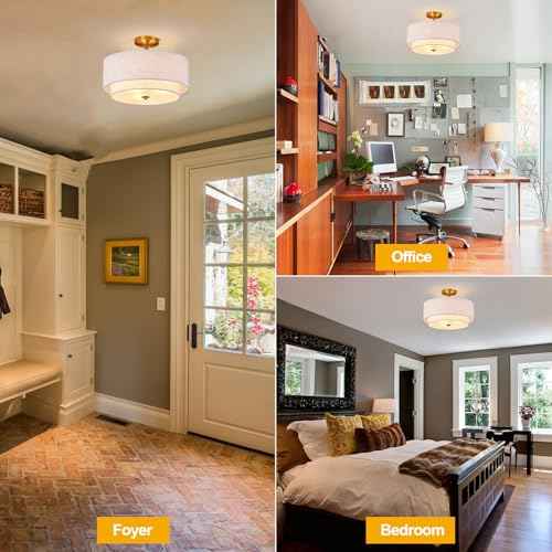 3-Light Semi Flush Mount Ceiling Light Fixture, 16" Gold Drum Light Fixture, Modern Close to Ceiling Light with 2-Laye Fabric Shade Lamps for Bedroom Living Dining Room Hallway Entryway Foyer