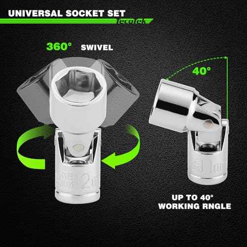 19-Piece 1/4-Inch Drive Universal Joint Socket Set, Swivel Socket Set, 6-Point, SAE (3/16" to 9/16") and Metric (5mm to 15mm), CR-V, Universal Flex Socket for Easier Access to Tight Spaces