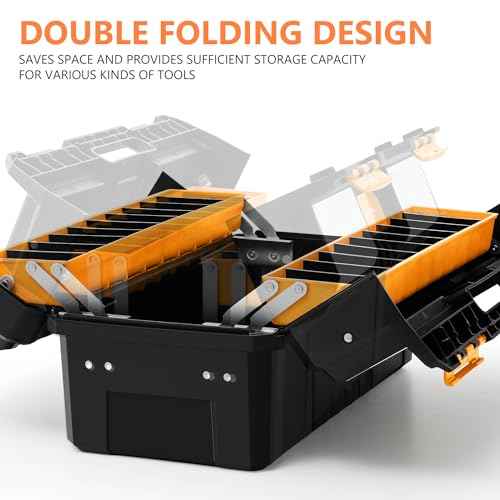 DNA MOTORING 2-Layer Lockable Tool Box Plastic Portable Storage Folding Toolbox Tray Divider Tool Organizers, W/Handle, Orange/Black, TOOLS-00503