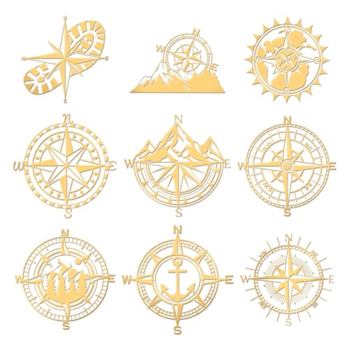 OLYCRAFT 9pcs 1.6x1.6 Inch Compass Theme Stickers Mountain Compass Stickers Self Adhesive Gold Metal Stickers Shoe Print Metal Stickers for Scrapbooks DIY Crafts Phone Decoration