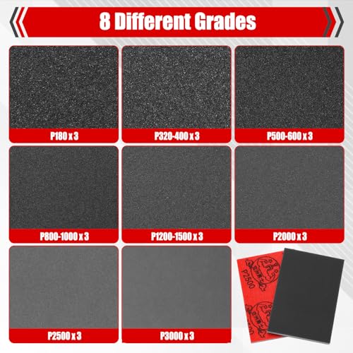 24 Pcs 3 x 4 Inch 180-3000 Grit Sanding Sponge Set, Anglecai Ultra Fine Sanding Sandpaper Pads Soft Foam Sand Block Sponge for Wet Dry Sandpaper Pads for Plastic Model Metal Wood Furniture Polishing