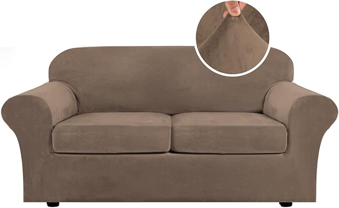 H.VERSAILTEX Real Velvet Plush 3 Piece Stretch Sofa Covers Couch Covers for 2 Cushion Couch Sofa Slipcovers Width Up to 90 Inch Feature Thick Soft Stay in Place (Sofa, Mocha)