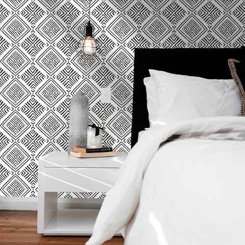 Black and White Peel and Stick Wallpaper Boho Geometric Contact Paper for Cabinets Modern Self Adhesive Removable Wallpaper Kitchen Bathroom Waterproof Black White Contact Paper 78.7inL 17.3inW