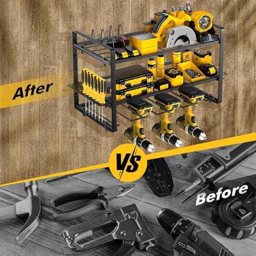Power Tool Organizer Wall Mount, 2 Pack 3 Layers Garage Wall Shelving, 8 Drill Holder Wall Mount, Cordless Tool Organizer, Garage Storage Rack with 4 Extension Cord Holder