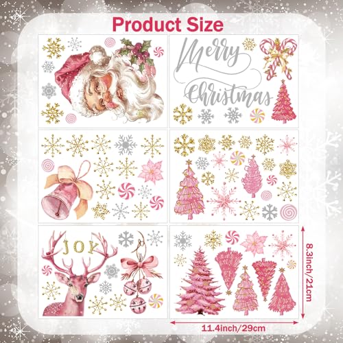 80 Pcs Pink Merry Christmas Wall Sticker Santa Claus Christmas Window Decals Xmas Snowman Poinsettia Flowers Stickers Decor, Winter Snowflakes Holiday Kitchen Party Home Decorations