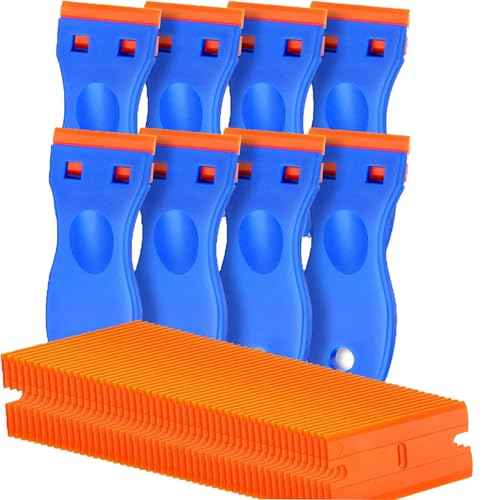 8 Pcs Plastic Razor Blade Scraper and 100 Pcs Blades, Remove Label Decal Tool£¬ Forwithout Scratches Plastic Razor Blade Scraper, Adhesive Remover for Stickers, Kitchen Appliances and Paints on Window