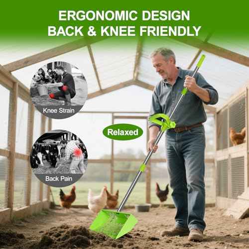 Chicken Poop Scooper & Rake 2-in-1,10" Wide Metal Sand Sifting Shovel with Grip,Adjustable Stainless Steel Handle,Cleaning Tools for Chicken Coops & Farm Animals Scoop (Green)