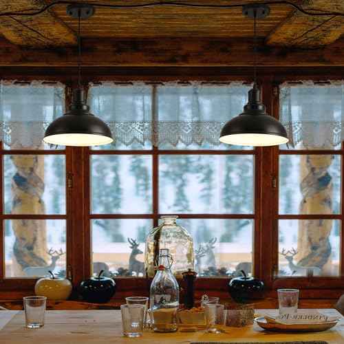 2PCS Matte Black Pendant Lights, Farmhouse Pendant Lamp with Metal Shade (White Inside), Industrial Pendant Lighting for Kitchen Island, Dining Room, Bedroom, Hallway