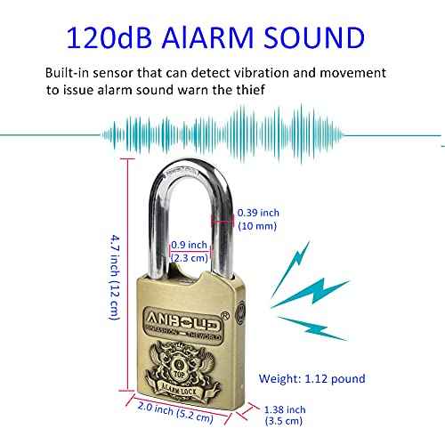 Alarm Padlock - Anti-Theft Heavy Duty Security Alarm Lock - 120db Alarm Sound - Weather Proof for Door Storehouse Truck with 4 Keys (10mm) Bronze